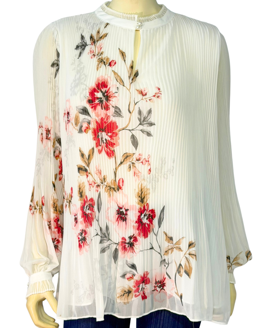 WHBM Sz 12 Long Sleeve Floral Chiffon Dressy Accordion Pleat Blouse White Office